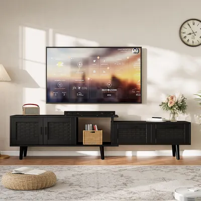 Produktbild von UnboxG Schwarzes TV-Board 169×29,8×44 cm – ausziehbar bis 180 cm, PVC Schubladen, E1 Holzplatten, TV-Schrank für bis zu 75 Zoll Fernseher, robust und pflegeleicht