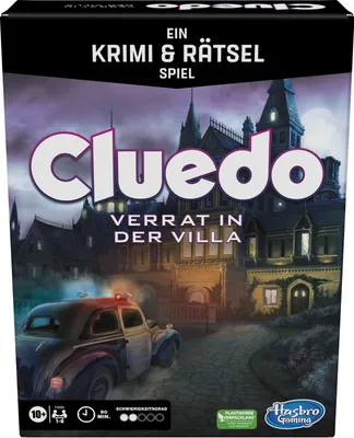The image shows the box of the board game Cluedo Verrat in der Villa.