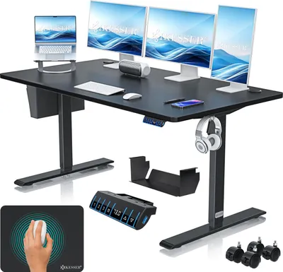 Produktbild von KESSER® Schreibtisch elektrisch & höhenverstellbar Computertisch Ergonomisch Stehen & Sitzen 3-Memory 360° Rollen USB-Ladeanschluss 160x70cm Schwarz