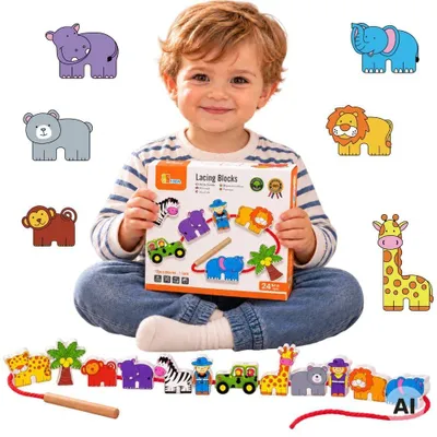 Productafbeelding van Viga Houten Rijgspel Verweven Blokken Safari Zoo Montessori