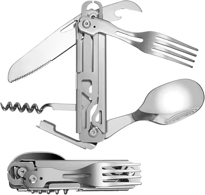 Produktbild von 5-in-1 Faltbares Campingbesteck Set, Edelstahl, mit Aufbewahrungstasche, Tragbares Reisebesteck für Camping