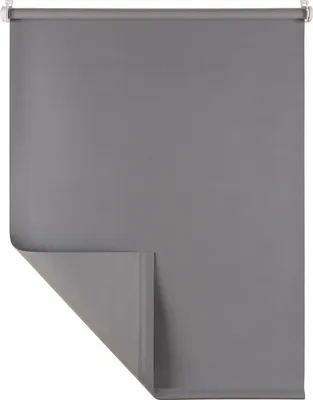 A gray roller blind is shown, with the bottom left corner folded back to reveal the underside.