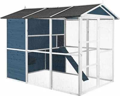 Produktbild von Holzstall mit Auslauf - 10 Hennen - L 266 x B 174 x H 205 cm - Blau und Weiß - FERAS