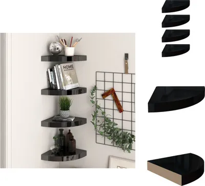 Obrázok produktu pre vidaXL Rohové plávajúce police 4 ks. Vysoko lesklá čierna 25x25x3,8 cm MDF - Nástenné police