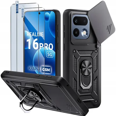 Zdjęcie produktu dla Etui Pancerne Czarne Slide Do Realme 16 Pro 5G Wzmacniane + 2X Szkło