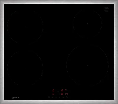 A top-down view of a black induction hob with four cooking zones and a digital display.