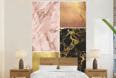 Produktbild von MuchoWow® Fototapete für Wohnzimmer oder Schlafzimmer Wandtapete Vinyl Motivtapete Marmor - Collage - Gold - 225x350 cm - Schlafzimmer tapete