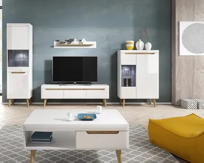 Produktbild von Wohnzimmer-set NORDI 2 TV-Schrank + 2xVitrinen + Wandregal + Couchtisch Weiß / Weiß Hochglanz / Eiche Riviera
