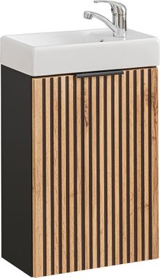 Waschbeckenunterschrank mit Waschbecken Gäste WC XANTEN-56 in anthrazit mit Eiche Nb. schwarz gerillt, B/H/T: ca. 41/66/22 cm