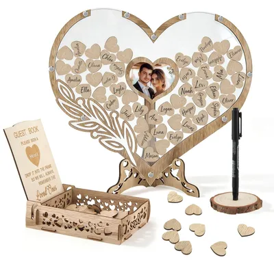 Image de Livre d'or en bois pour mariages, avec 100 cœurs