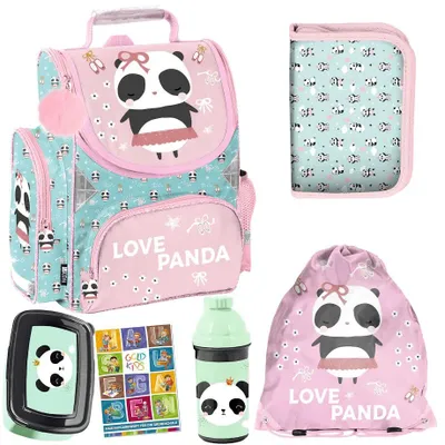 Produktbild von Schulranzen Panda ergonomischer Ranzen Federmappe Turnbeutel Trinkflasche Brotdose Aufgabenheft für die Grundschule 6er-Set. Geeignet ab der ersten Klasse der Grundschule