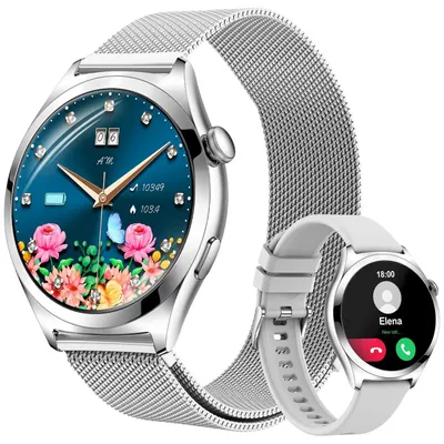 Zdjęcie produktu dla Inteligentny zegarek damski, okrągły, z funkcją odbierania połączeń, smartwatch z pomiarem SpO2, tętna i monitorowaniem snu, wodoodporny, dla kobiet, ponad 120 trybów sportowych, kompatybilny z Androidem i iOS, kolor srebrny