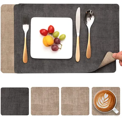 Platzset aus Kunstleder, 4-teilig, wasserdicht, doppelseitig, grau-beige