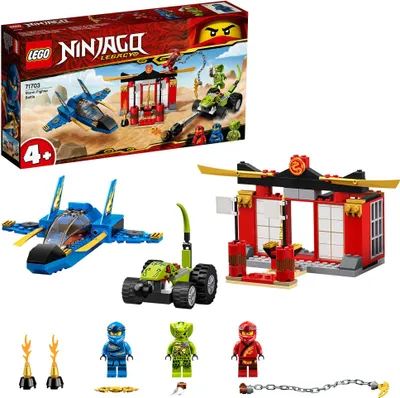 A LEGO Ninjago Legacy set featuring a jet, a vehicle, and a building, along with minifigures.