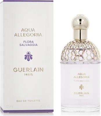 A bottle of Guerlain Aqua Allegoria Flora Salvaggia Eau de Toilette and its packaging are displayed side-by-side against a white background.