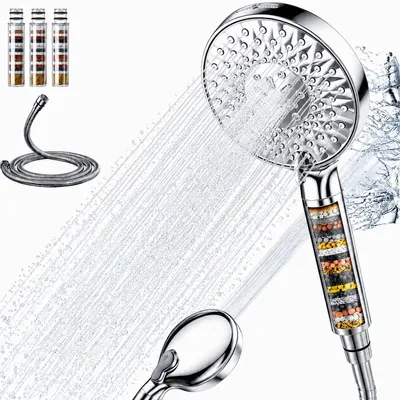 Produktbild von 9 Funktionen Hochdruck Handbrause mit Filter & Schlauch, 4 Ersatzpatronen, Wasserfilter für Hartwasser