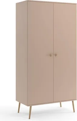 Produktbild von BETTSO Kleiderschrank 2-türig mit 2 Regalen und Kleiderstange – Beige – Schrank für Wohnzimmer und Schlafzimmer 100 x 202 cm IKON – Jutegriffe