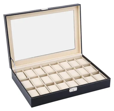 Obrázek produktu pro Škatule na hodinky pro 24 kusů s proskleným víkem, rozměry 43x29x8,5 cm. Vitrína s povrchem imitujícím kůži