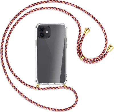 Produktbild von Handykette Backcover-Schutzhülle mit Band (Metall goldfarben) für Apple iPhone 12, 12 Pro - weinrot/gelb/grau