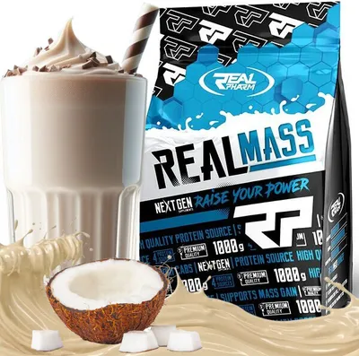 Productafbeelding van RealPharm Real Mass GAINER Eiwit 1000g: Koolhydraten voor het opbouwen van spiermassa. Smaak: Kokosnoot-Witte Chocolade