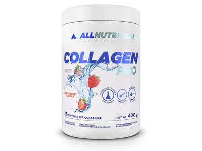 A white container of ALLNUTRITION Collagen Pro powder with strawberry flavor.