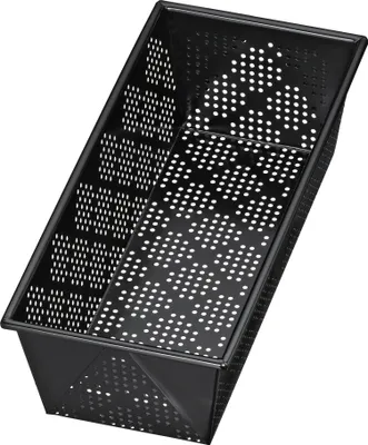 A black perforated baking pan is shown from a diagonal angle against a white background.
