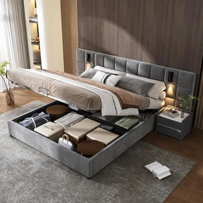 Imagen del producto de Cama tapizada de 180x200 cm, color gris, con estructura de terciopelo, espacio de almacenamiento con sistema hidráulico, puerto USB e iluminación de lectura ajustable, ideal para el dormitorio