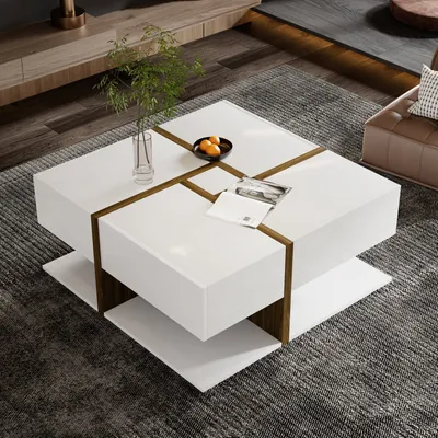 Produktbild von MODFU Couchtische Quadrat mit 4 Schubladen 78*78*34.8cm, Tisch mit Stauraum unten, weiß&holzfarbe
