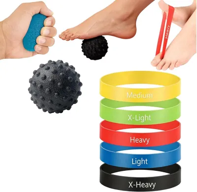 Produktbild von Handtrainer Set 7-teilig, 5 Widerstandsbänder, Griffbälle, Massageball, für Handgelenk