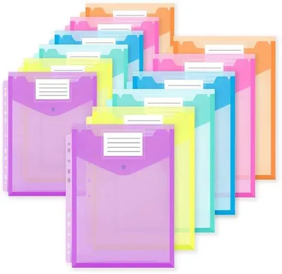 Immagine prodotto di Raccoglitore per documenti A4 a 12 scomparti, trasparente, 6 colori, effetto 3D, chiusura a molla, spazio per etichetta