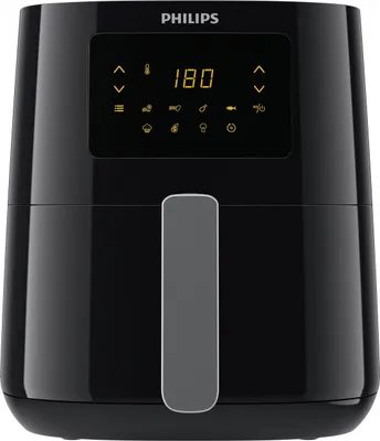 A black Philips air fryer with a digital display is shown against a white background.