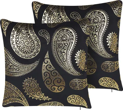 Obrázek produktu pro BELIANI Sada 2 sametových polštářů černá 45 x 45 cm se zlatým orientálním potiskem polštáře na zip s výplní