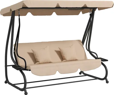 Produktbild von Outsunny 2 in 1 Hollywoodschaukel mit Liegefunktion 3-Sitzer Gartenschaukel mit Sonnendach, Getränkehalter Kissen Schaukelbank belast bis 340kg, Gartenliege für Garten, Terrasse, 200x120x164 cm, Braun