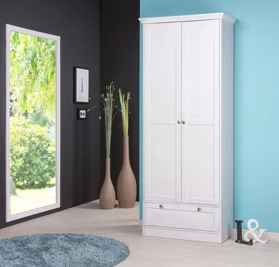 Produktbild von Landhaus-Mehrzweckschrank als Schuhschrank, weiß, mit antiken Möbelgriffen (B/H/T: 80 x 200 x 39)