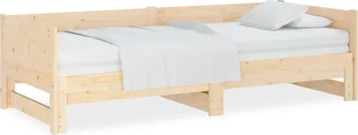 A wooden daybed with white bedding and pillows, shown from a side angle against a white background.