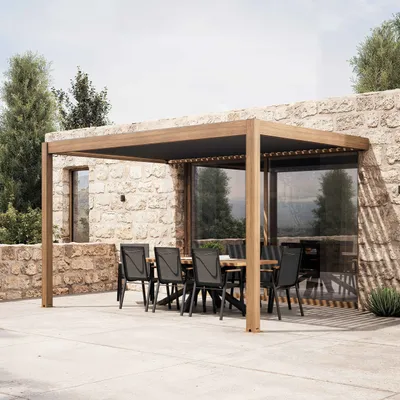 Image de Pergola bioclimatique adossée 3x4m en aluminium bois gris - Oviala Oia