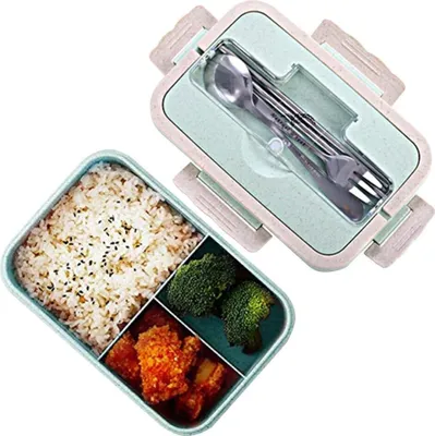 Obrázek produktu pro 1000 ML Přírodní pšeničný bezpečnostní box Bento s hůlkami, lžíce pro děti a dospělé zelený