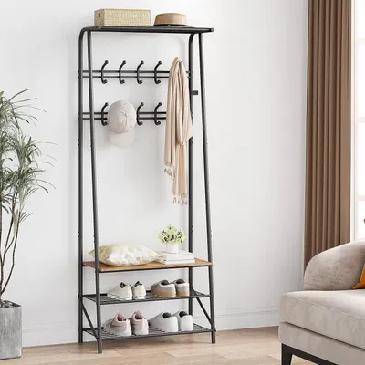 Produktbild von Garderobe mit Sitzbank 4-in-1, Schuhregal, Kleiderstange, Braun