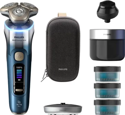 Obrázek produktu pro Philips i9000 Prestige Ultra Day&Night XP9406/79 Elektrický holicí strojek, mokré i suché, SkinIQ Pro, Rotační holicí strojek, Modrá, SkinIQ Pro, LCD, Android, iOS, Baterie