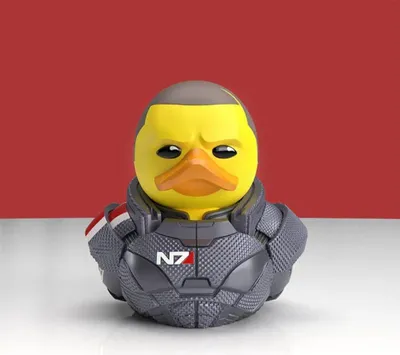 A rubber duck toy dressed as Commander Shepard from Mass Effect.