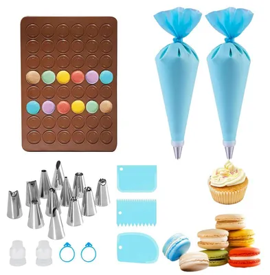 Zdjęcie produktu dla Zestaw do dekoracji makaronów "Macaron Backmatte", 22 elementy, w tym worek cukierniczy i 12 końcówek, 48 foremek, silikon, wymiary 39x29 cm
