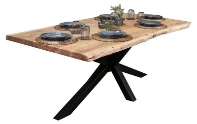 Produktbild von Esstisch Baumkante massiv Akazie Natur 220 x 100 Spider-Gestell schwarz CALI
