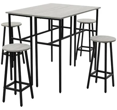 Immagine prodotto di Set da bar composto da 6 pezzi, con 4 sgabelli da bar | Colore: Grigio e nero | Dimensioni: 40x100x90 cm