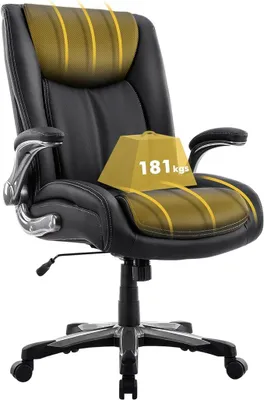 Produktbild von Großer und hoher Bürostuhl 181 kg, großer, strapazierfähiger Chefsessel mit hoher Rückenlehne und klappbaren Armlehnen für das Homeoffice, Schwarz