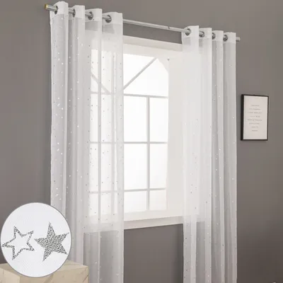 Produktbild von 2er Set Gardine Vorhang Halbtransparent mit Ösen, Stern Gardine Tüll B 132xH 213cm Weihnachten Kinderzimmer Wohnzimmer Schlafzimmer