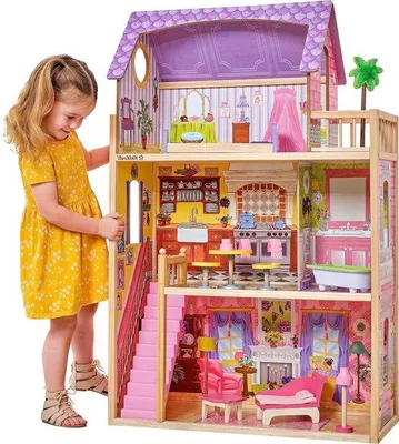 Productafbeelding van Poppenhuis Speelset - Houten Huis - Rollenspel Spelen - Inclusief Meubilair - 114 cm Hoog - Meerkleurig