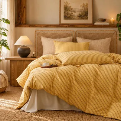Immagine prodotto di Omgoods - Set di lenzuola a righe, giallo e marrone