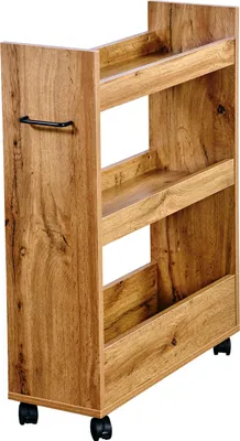 A narrow kitchen shelf with a wood grain finish and black wheels.