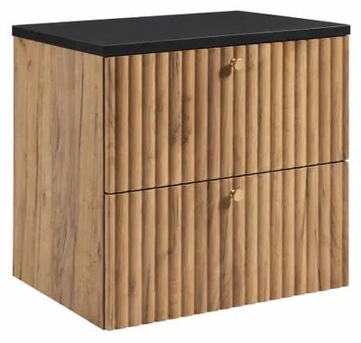 Immagine prodotto di Mobile sospeso per bagno, larghezza 60 cm, finitura "Eiche Craft Gold" con piano in colore nero, Immagine generata dall'IA