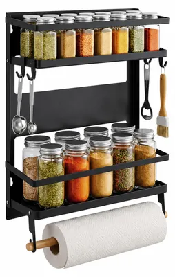Productafbeelding van Relaxdays kruidenrek, met 2 kruidenplanken, magnetische keukenorganizer, houder voor keukenrol, 10 haken, metaal, zwart